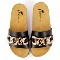 Mules Simple Bride Noire Chaine Dorée Box Femme BIOSTOCK -Dockers by Gerli Soldes Magasin mules simple bride noire chaine doree box femme biostock 2