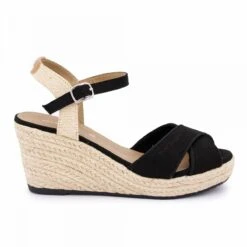 Sandales Talon Compensé Textile En Paille Noir T36-41 Femme TOM TAILOR